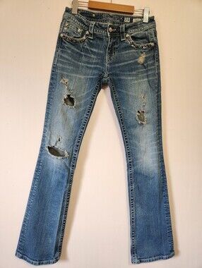 Miss Me Signature Bootcut Embellished Distressed Y2K Denim Jeans Size 28
